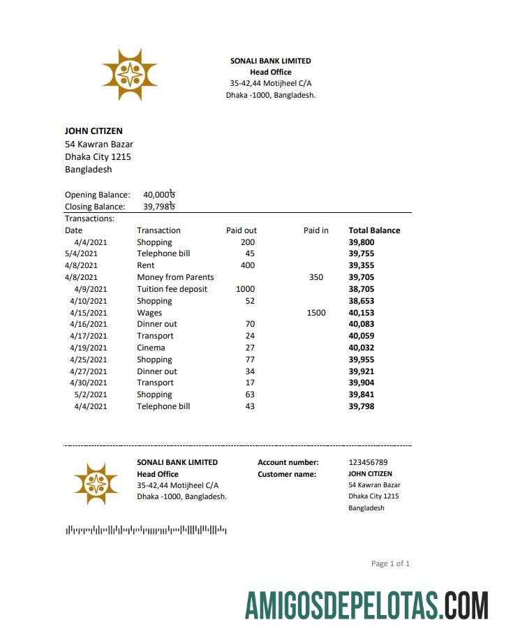 Extrato bancário de Bangladesh Sonali para download, modelo fácil de preencher em formato Excel e PDF